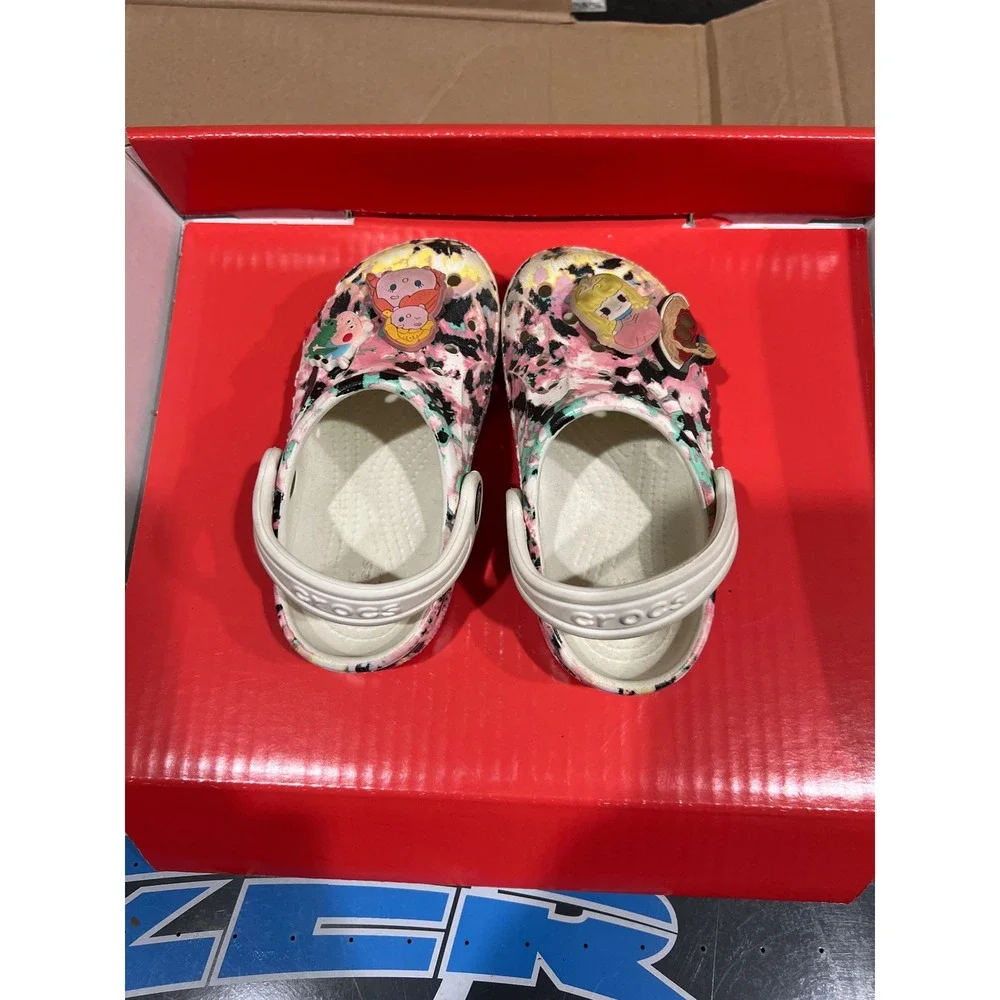 Crocs Kids Classic Marbled Clog Pink Black Mint Splatter with Charms Size 8